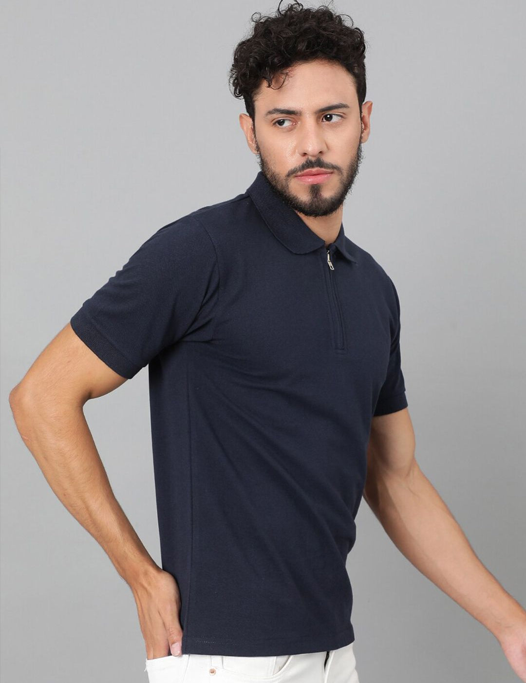 Kotty Navy Blue Polo Collar Cotton T-shirt