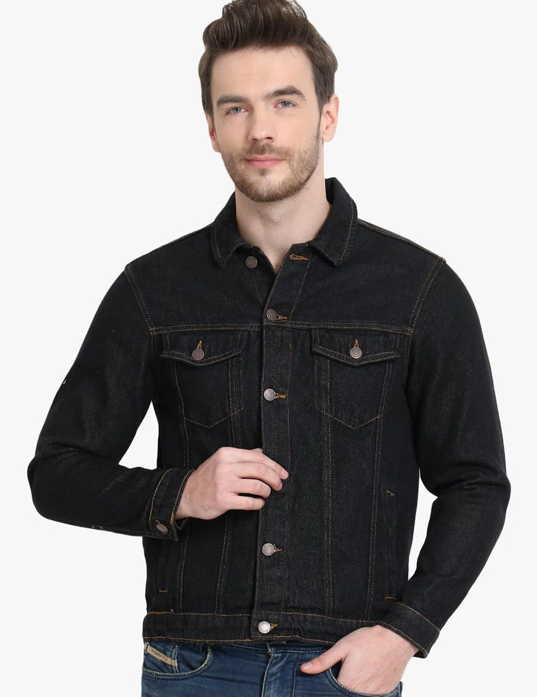 Kotty Men Black Solid Denim Jacket