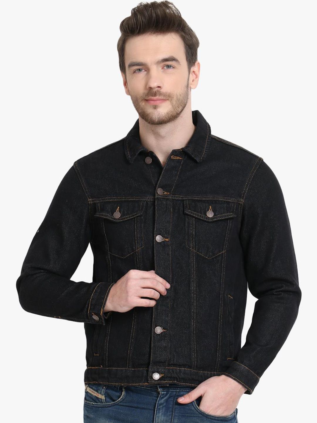 Kotty Men Black Solid Denim Jacket