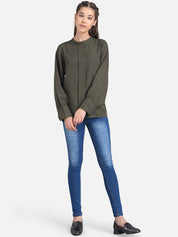 Kotty Women Olive Green Solid Shirt Style Pure Cotton Top