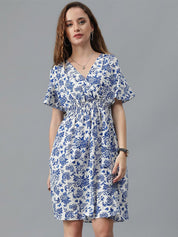 Kotty Blue Floral Print Flared Sleeve Fit & Flare Dress