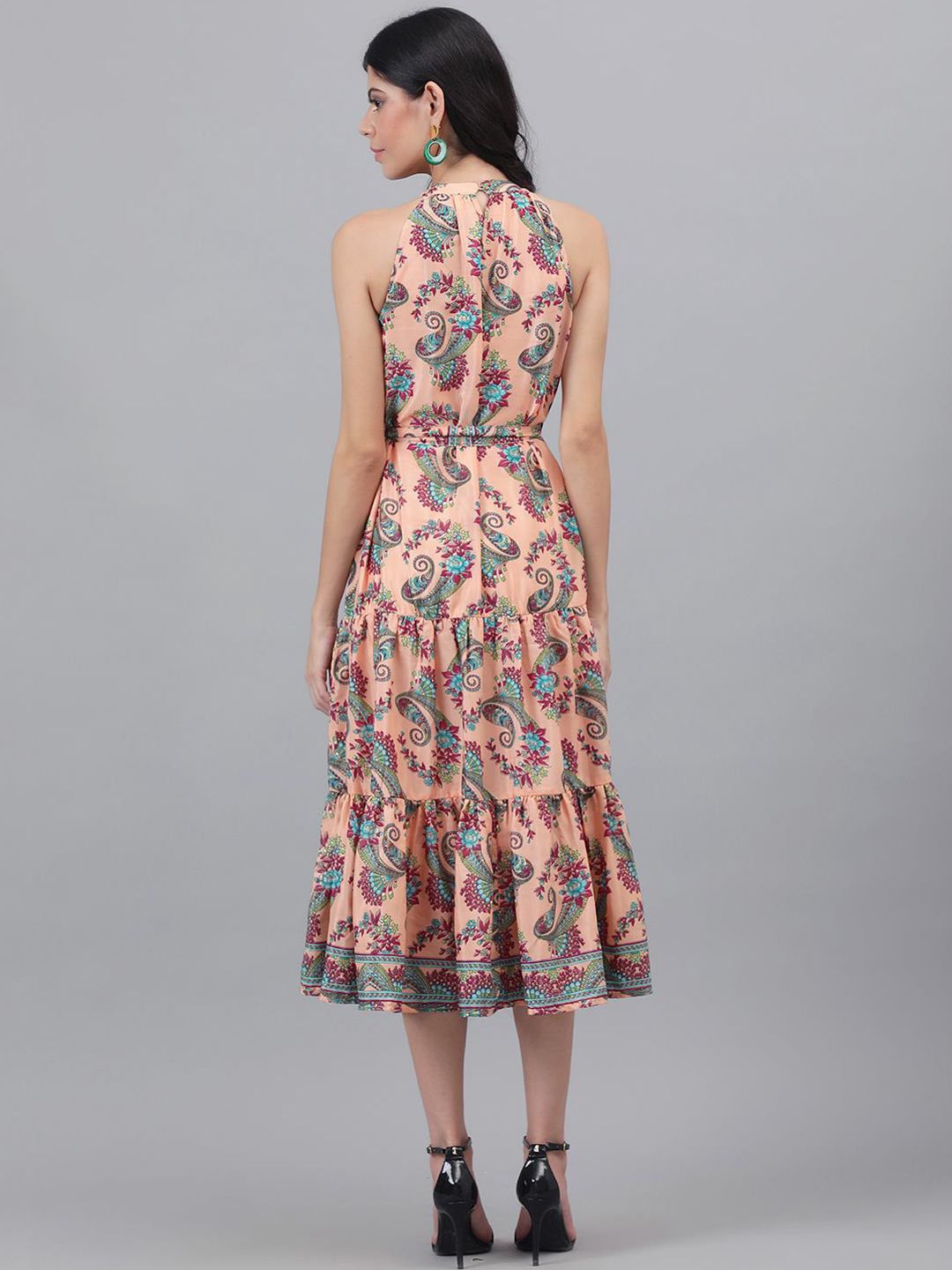 Kotty Orange and Maroon Paisley Printed Choker Neck Tiered Fit & Flare Midi Dress