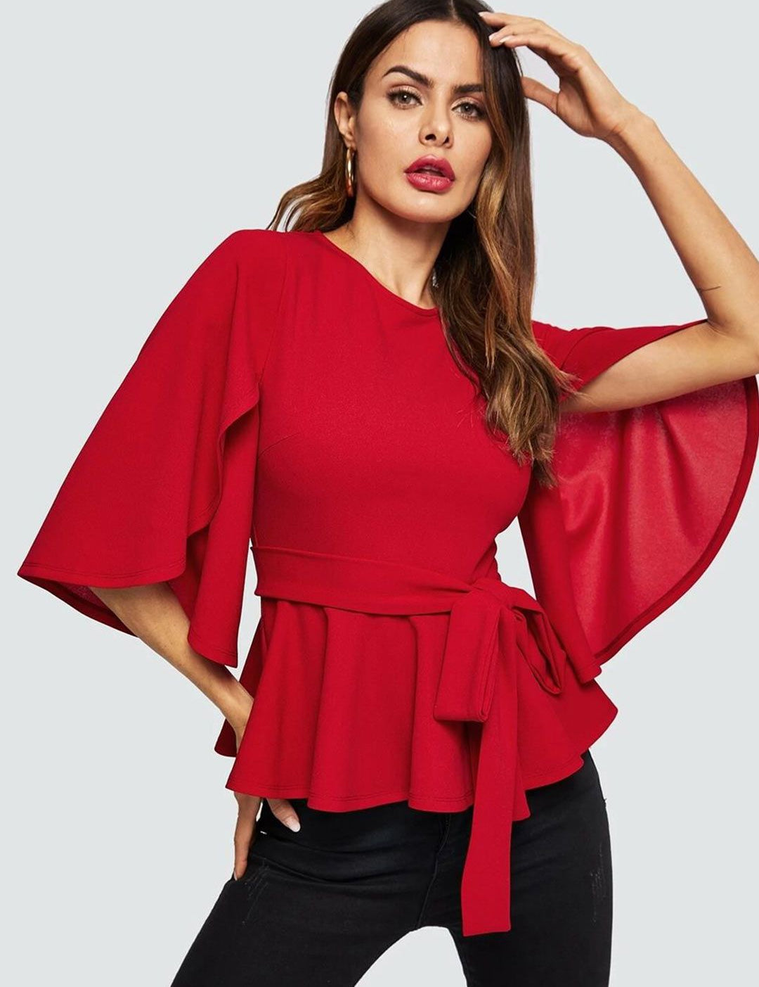 Kotty Red Waist Tie-Up Flared Sleeves Top