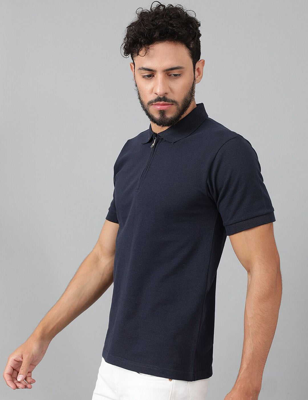 Kotty Navy Blue Polo Collar Cotton T-shirt
