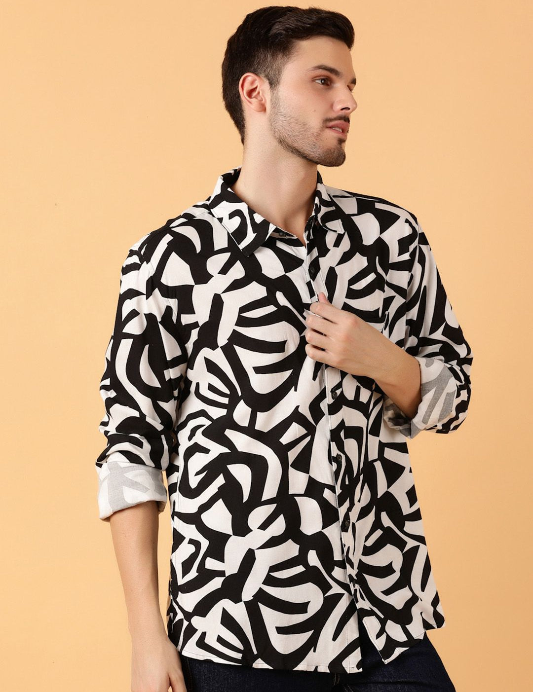 Kotty Men Relaxed Spread Collar Graphic Printed Cotton Casual Shirt