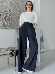 Kotty Women Navy Blue Relaxed Straight Leg Straight Fit High-Rise Parallel Trousers