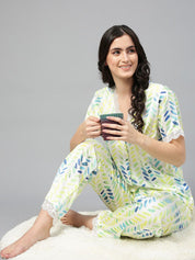 Kotty Blue & White Abstract Printed Satin Night Suit