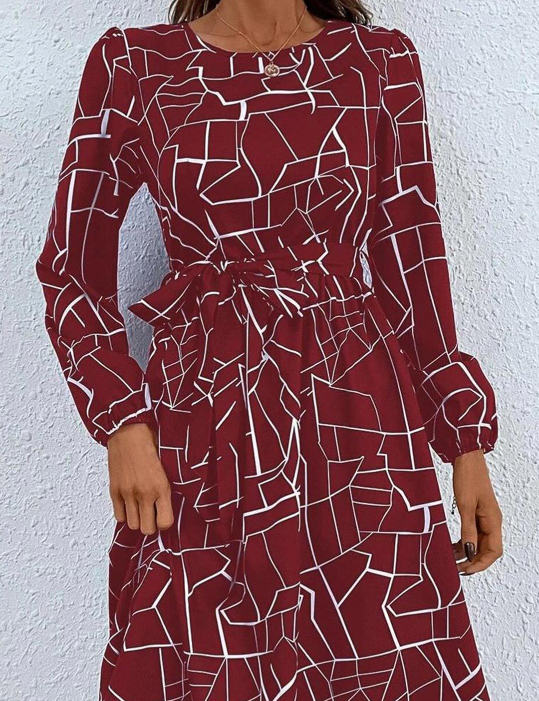 Kotty Maroon Abstract Printed Belted A-Line Midi Dress