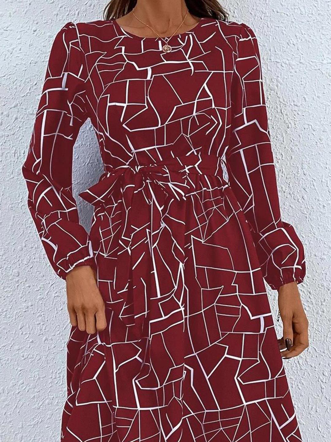 Kotty Maroon Abstract Printed Belted A-Line Midi Dress