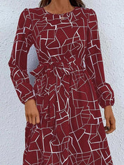Kotty Maroon Abstract Printed Belted A-Line Midi Dress
