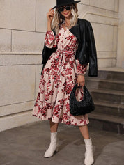 Kotty Cream Floral Printed Shirt Collar Puff Sleeve A-Line Midi Dress