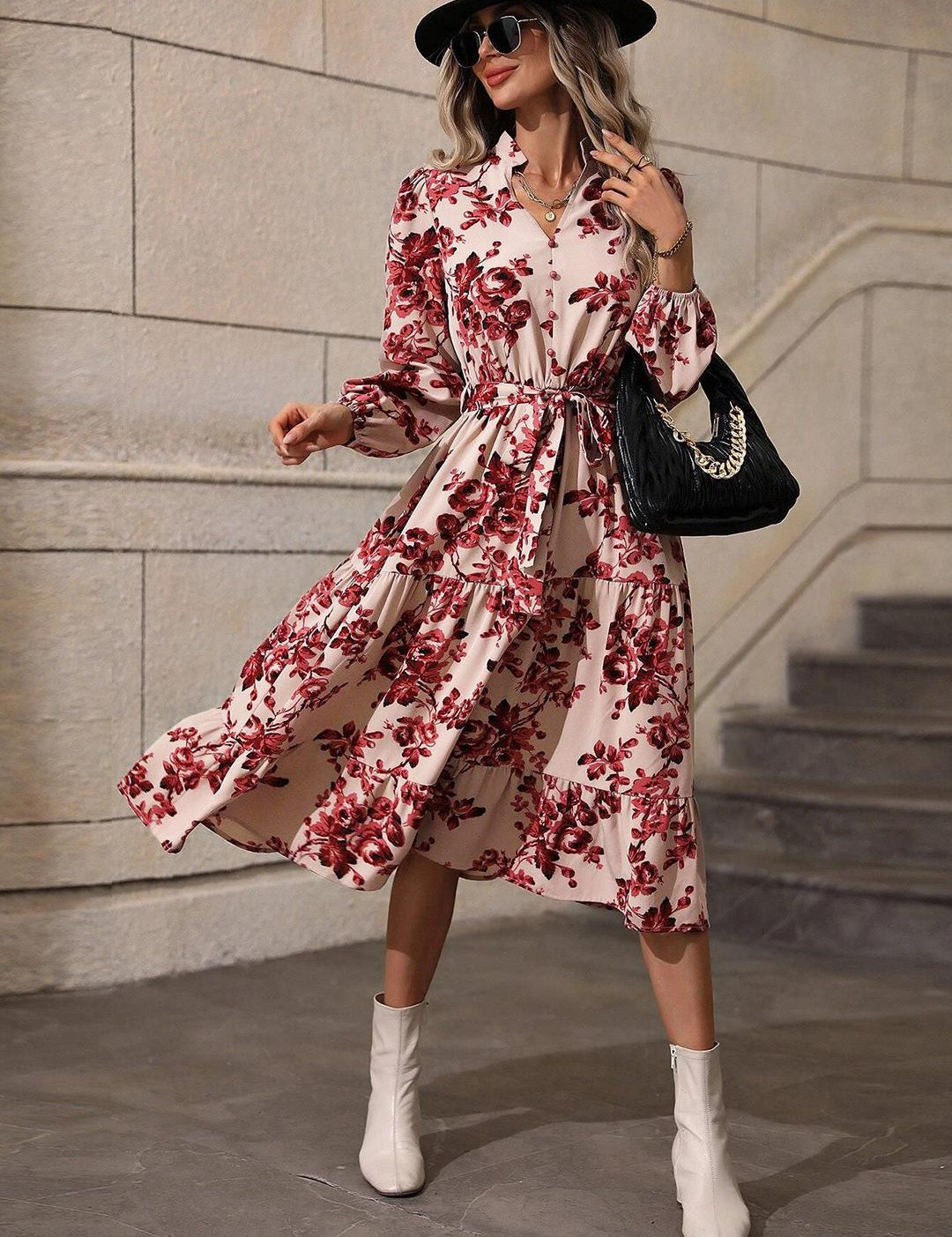 Kotty Cream Floral Printed Shirt Collar Puff Sleeve A-Line Midi Dress