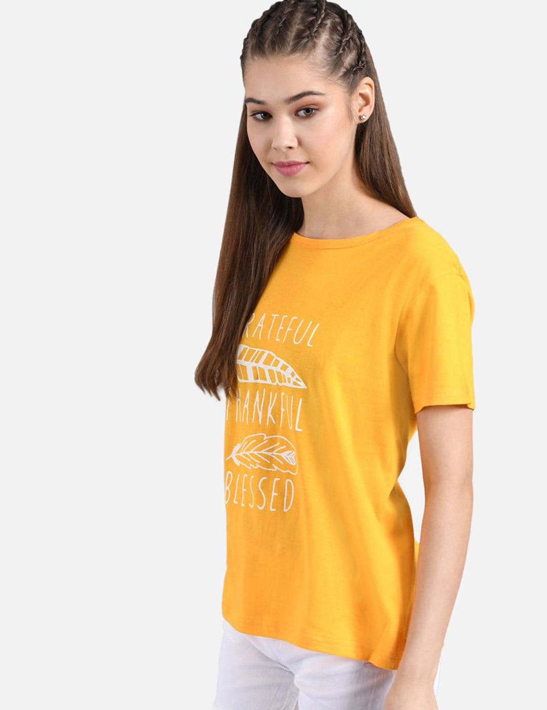 Kotty Women Yellow Printed Round Neck T-shirt