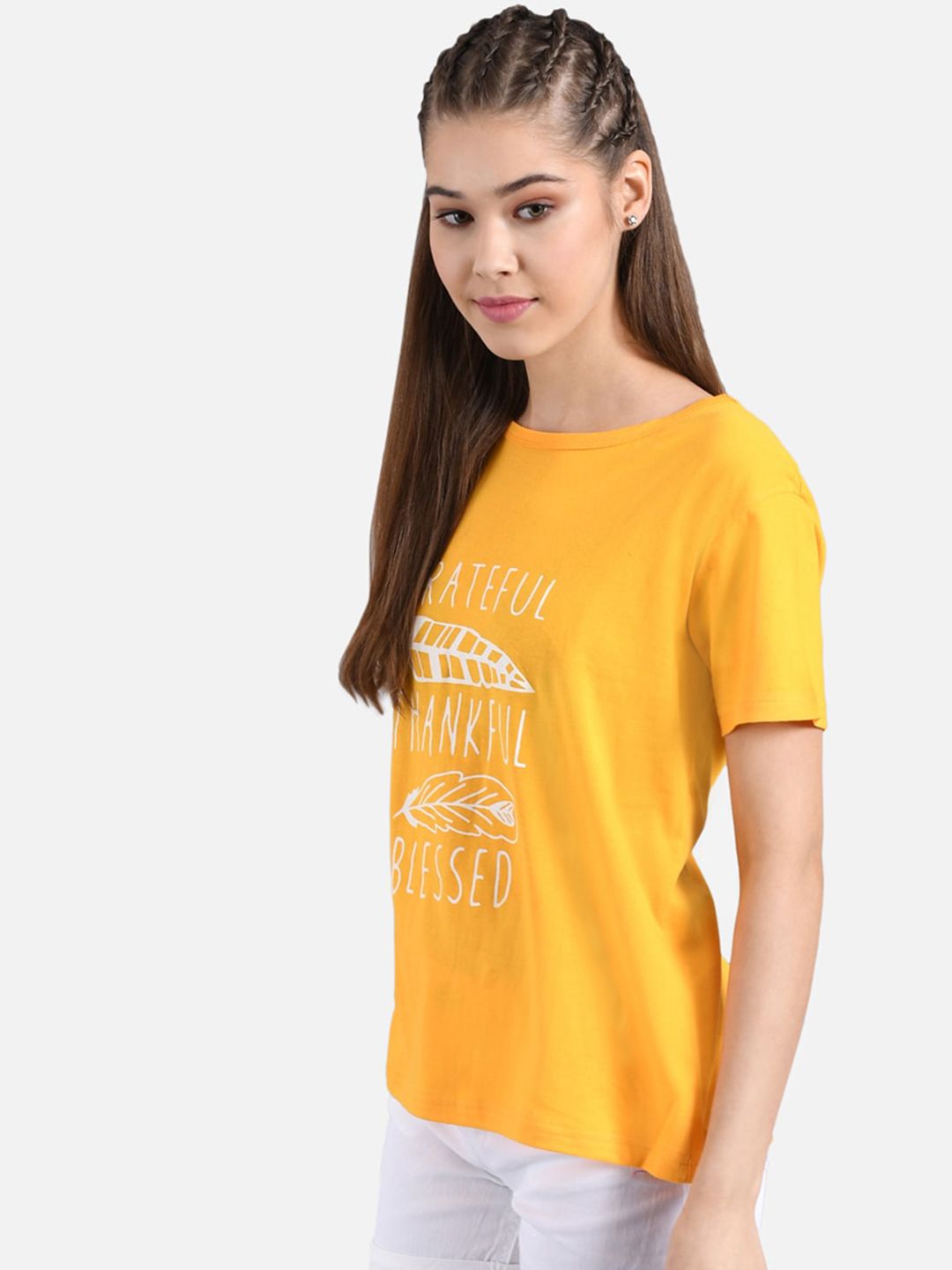 Kotty Women Yellow Printed Round Neck T-shirt