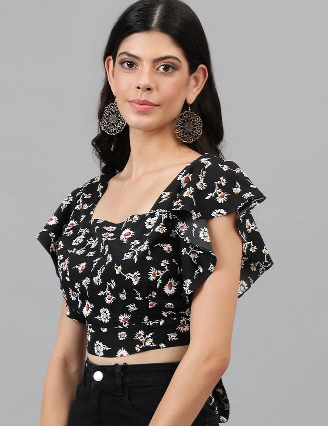 Kotty Black Floral Print Flutter Sleeve Crop Top