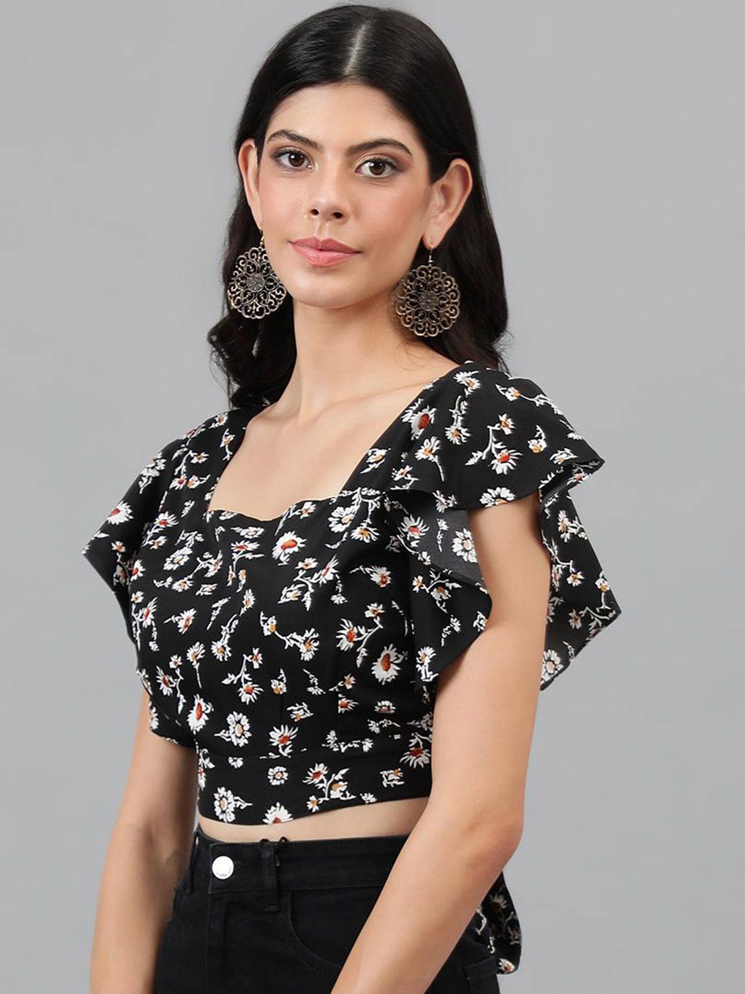 Kotty Black Floral Print Flutter Sleeve Crop Top