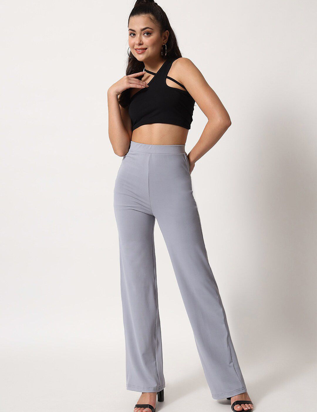 Kotty Women Grey Relaxed Straight Leg Straight Fit High Rise Easy Wash Trouser