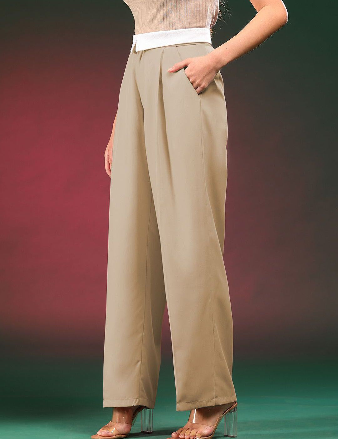 Kotty Women Straight Fit High-Rise Easy Wash Pleated Trousers