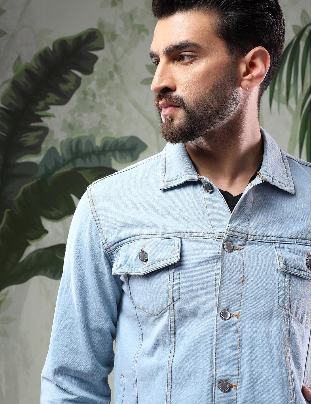 Kotty Men Solid Spread Collar Insulator Pure Cotton Denim Jacket