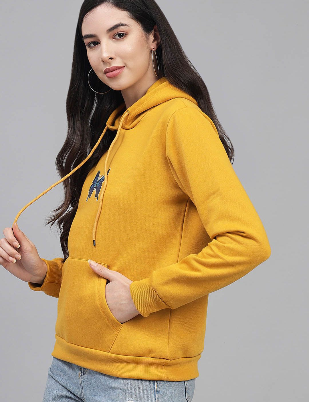 Kotty Women Mustard Printed Fleece Hooded Sweatshirt