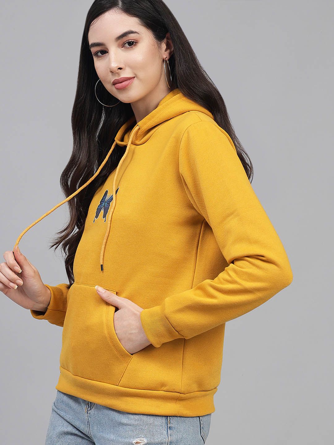Kotty Women Mustard Printed Fleece Hooded Sweatshirt