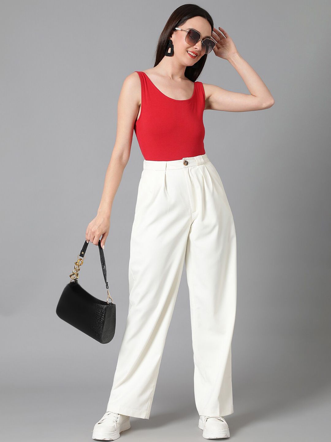 Kotty Women White Relaxed Straight Leg High-Rise Easy Wash Pleated Parallel Trousers