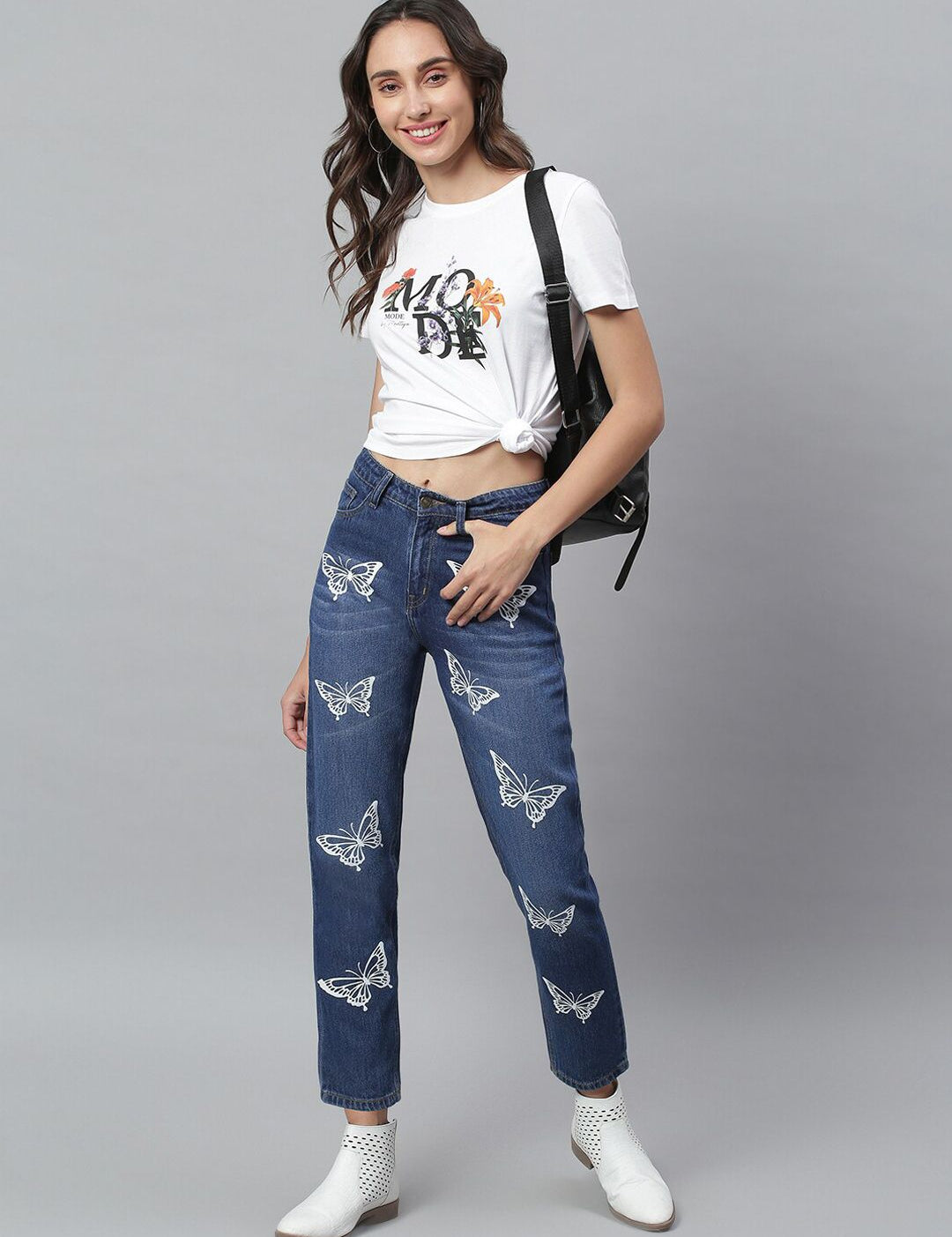 Kotty Women Navy Blue Regular Fit Mid-Rise Clean Look Printed Stretchable Jeans