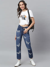 Kotty Women Navy Blue Regular Fit Mid-Rise Clean Look Printed Stretchable Jeans