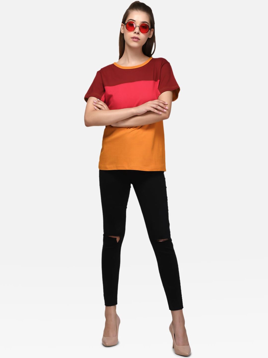 Kotty Women Maroon & Yellow Colourblocked Round Neck T-shirt