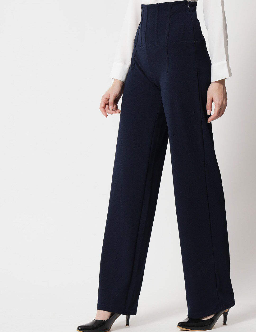 Kotty Women Navy Blue Relaxed Straight Fit High-Rise Easy Wash Trousers