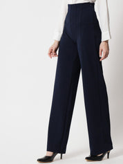 Kotty Women Navy Blue Relaxed Straight Fit High-Rise Easy Wash Trousers