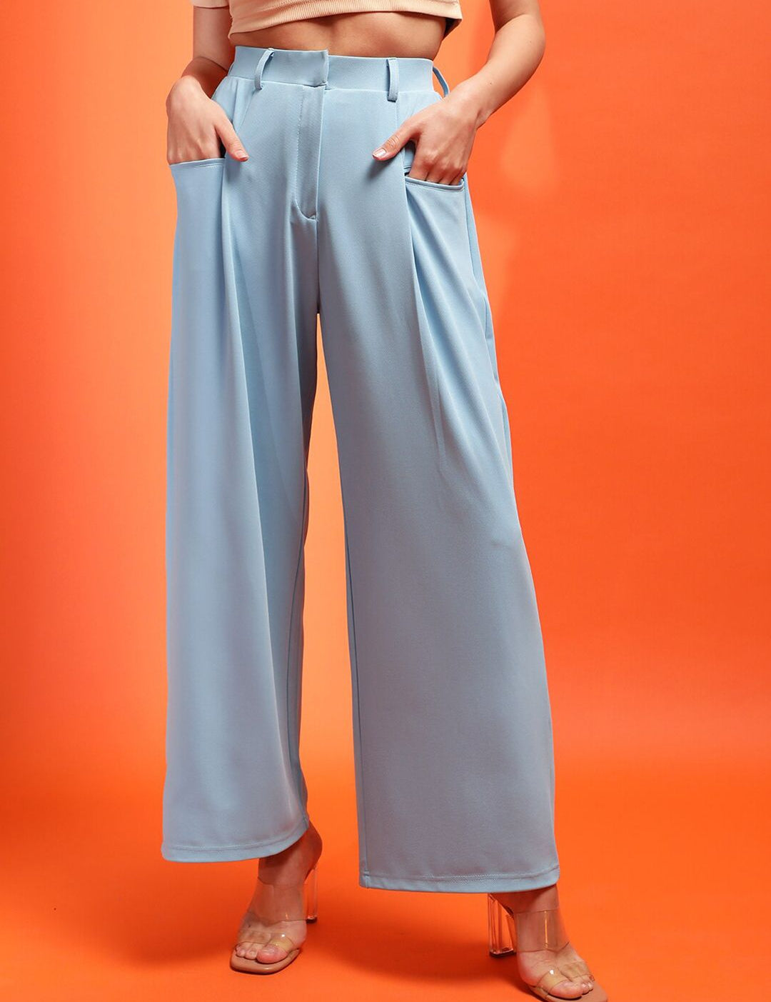 Stylecast X KOTTY BIZwear Blue Relaxed High-Rise Parallel Trousers