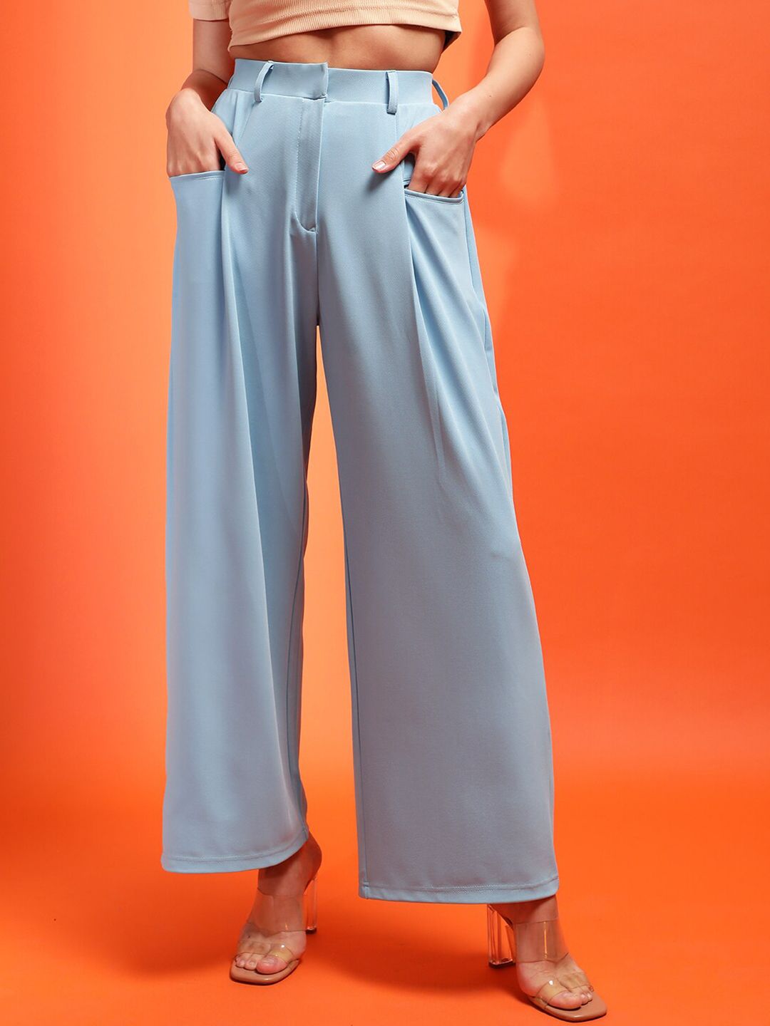 Stylecast X KOTTY BIZwear Blue Relaxed High-Rise Parallel Trousers