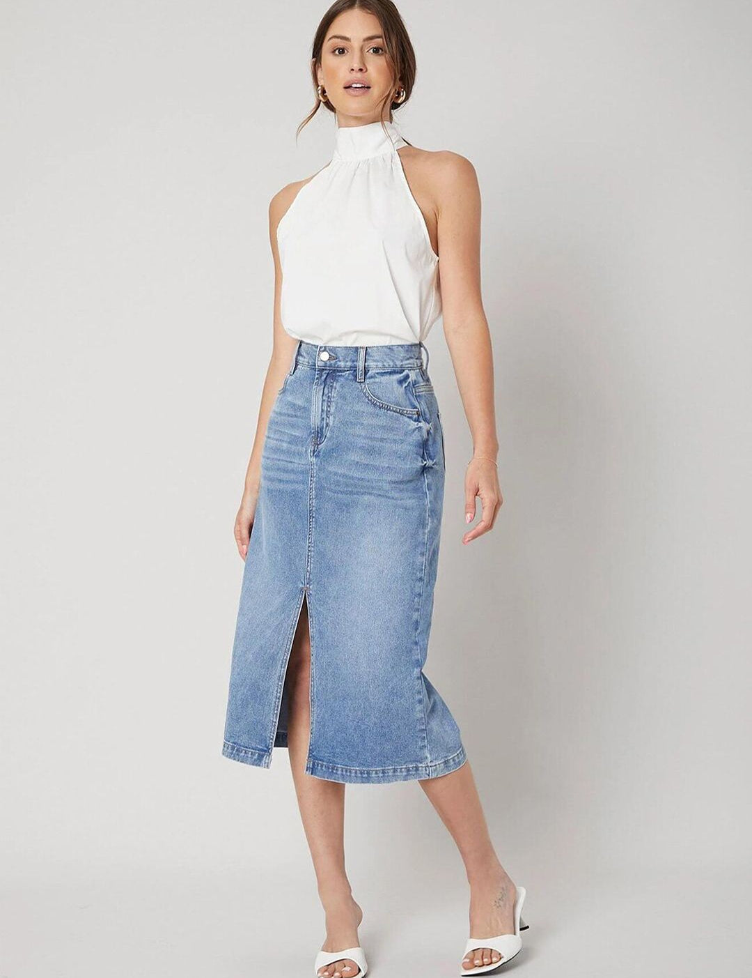 Kotty Front Slit A-line Denim Midi Skirt