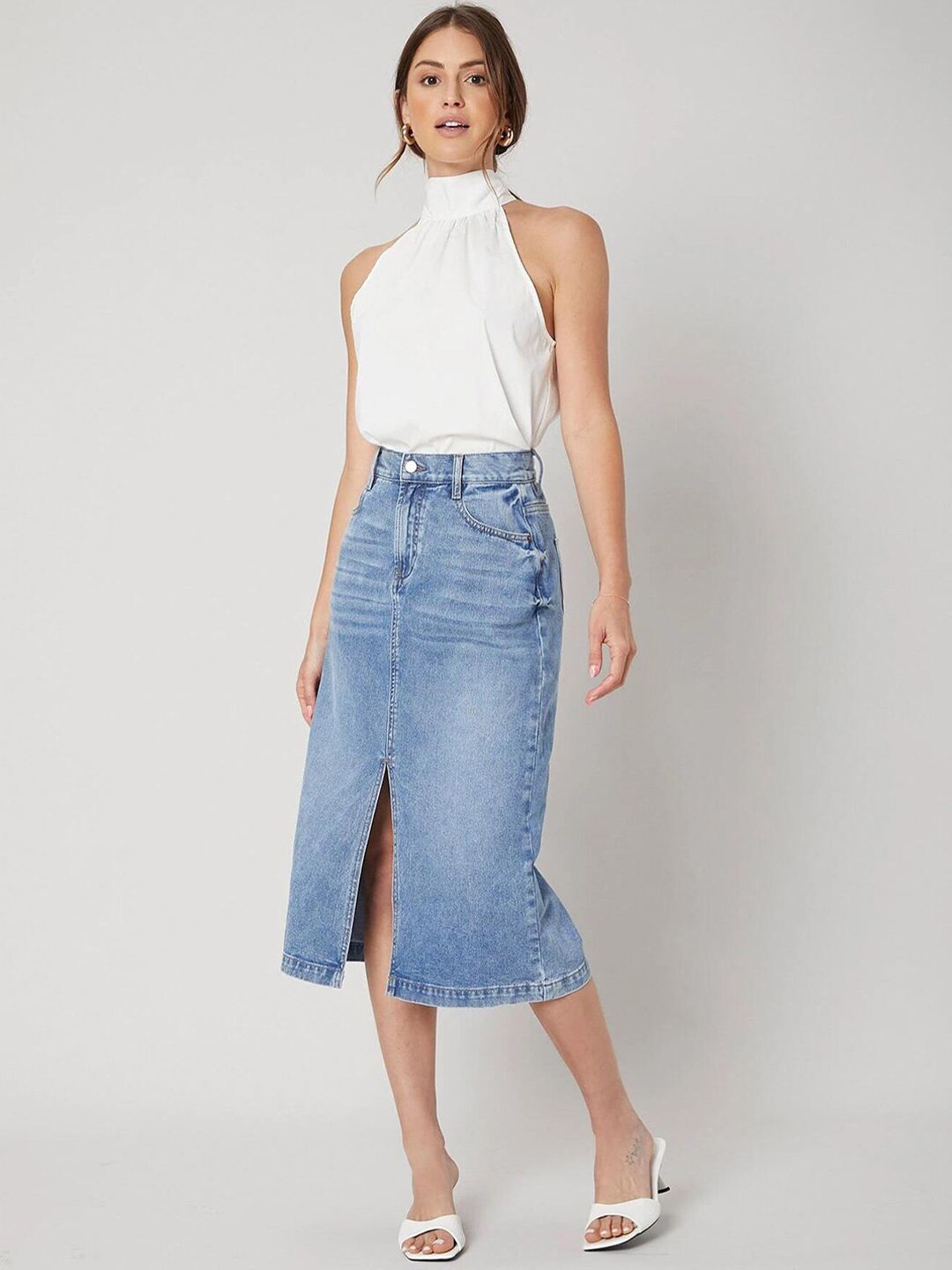Kotty Front Slit A-line Denim Midi Skirt
