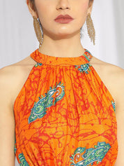 Kotty Orange Ethnic Motif Printed Tiered Fit & Flare Midi Dress