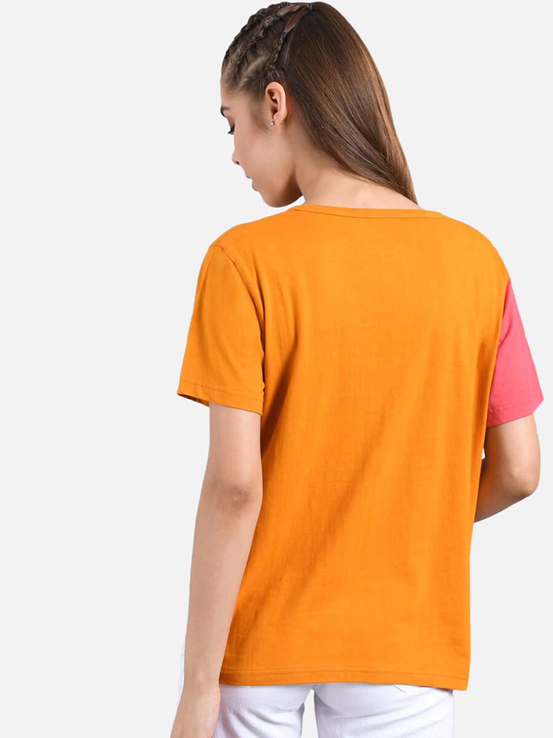 Kotty Women Orange & Pink Colourblocked Round Neck T-shirt