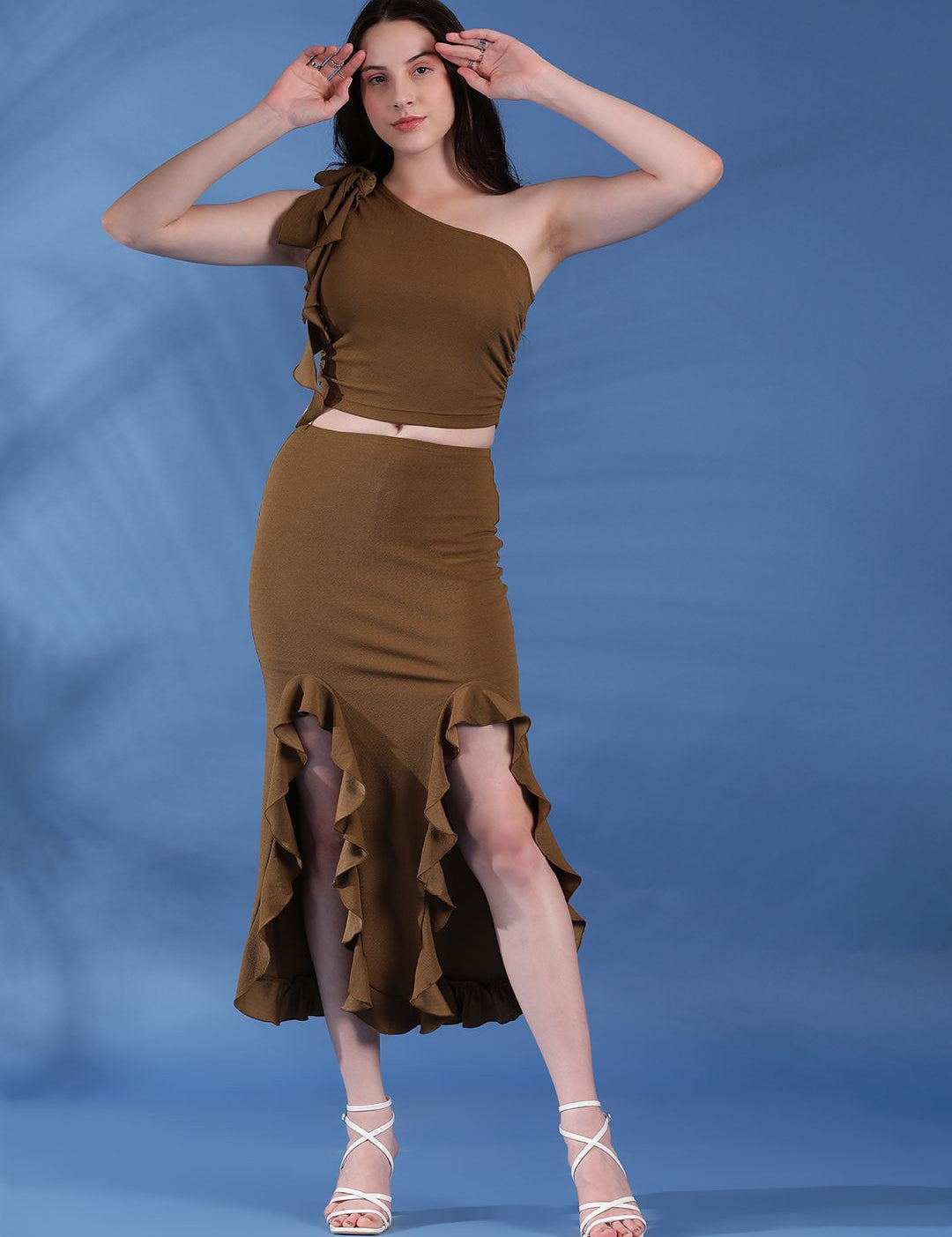 Kotty Brown One Shoulder Top With Skirt