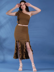 Kotty Brown One Shoulder Top With Skirt