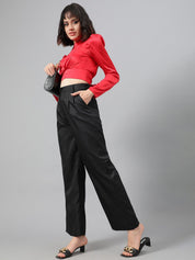 Kotty Women Black Relaxed Straight Leg Fit High-Rise Easy Wash Parallel Trousers