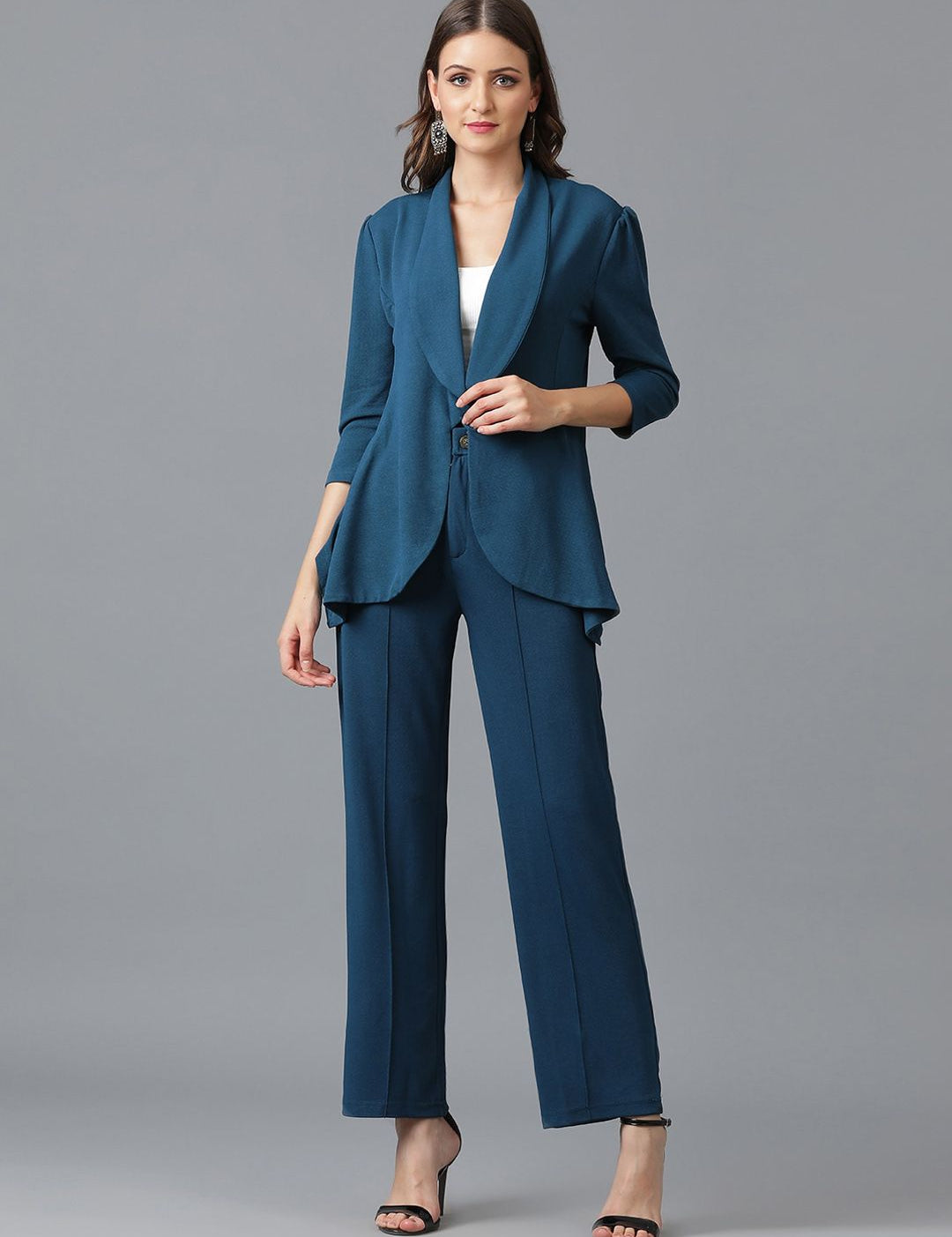 KOTTY BIZwear Green Shawl Neck Coat With Trousers