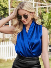 Kotty Blue Shawl Collar Satin Top
