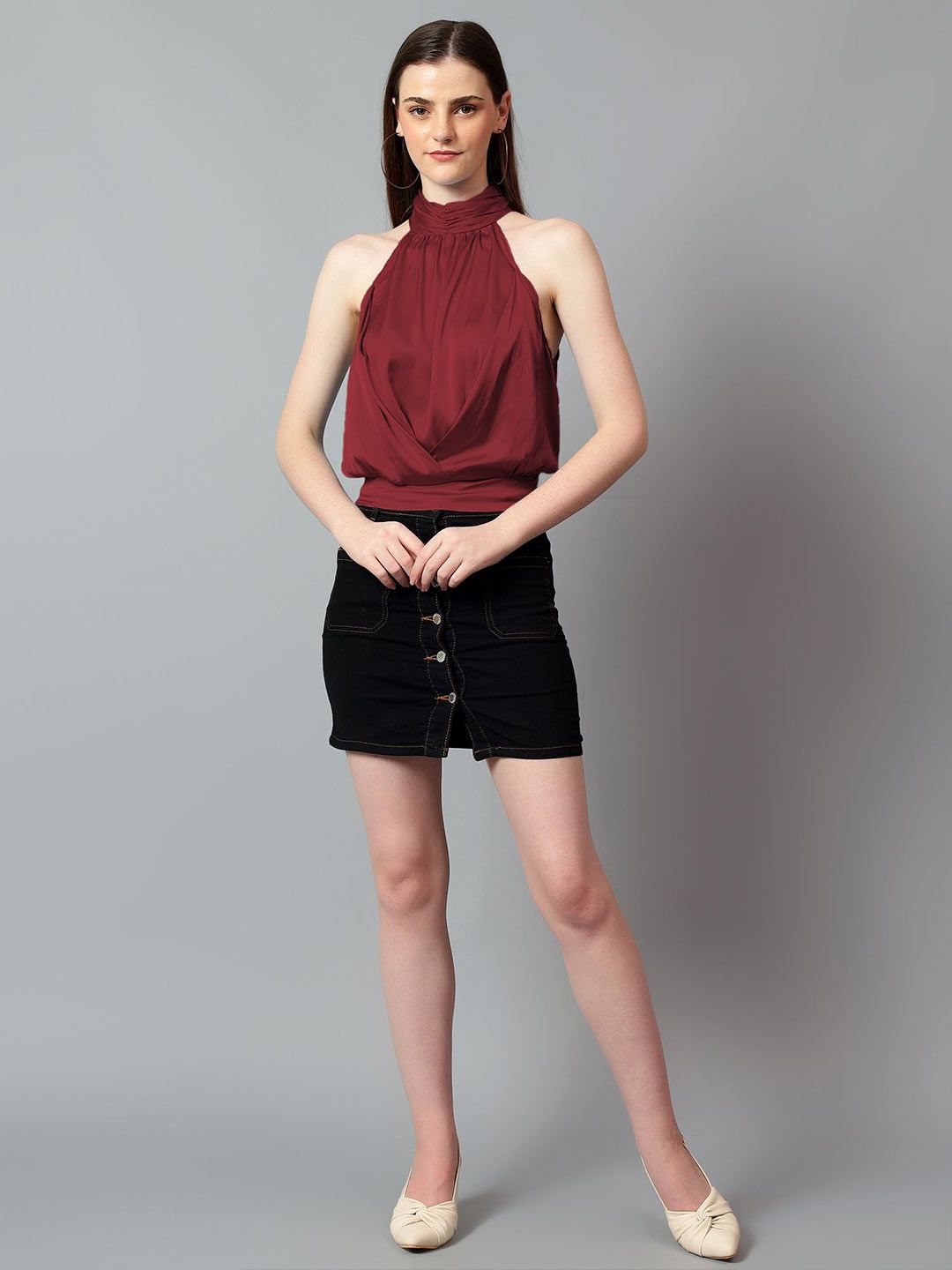 Kotty Women Solid Halter Neck Satin Top