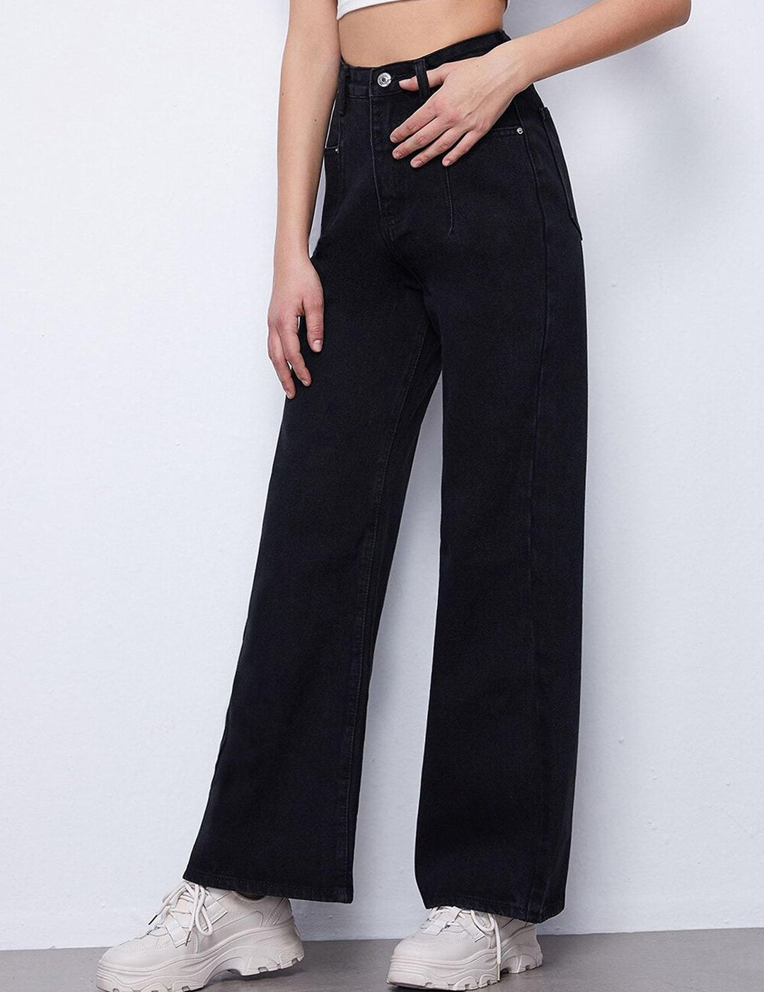 Kotty Women Black Jean Flared High-Rise Low Distress Stretchable Jeans