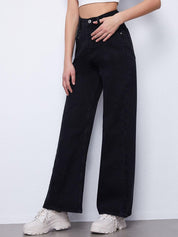 Kotty Women Black Jean Flared High-Rise Low Distress Stretchable Jeans
