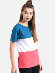 Kotty Women Blue & White Colourblocked V-Neck T-shirt