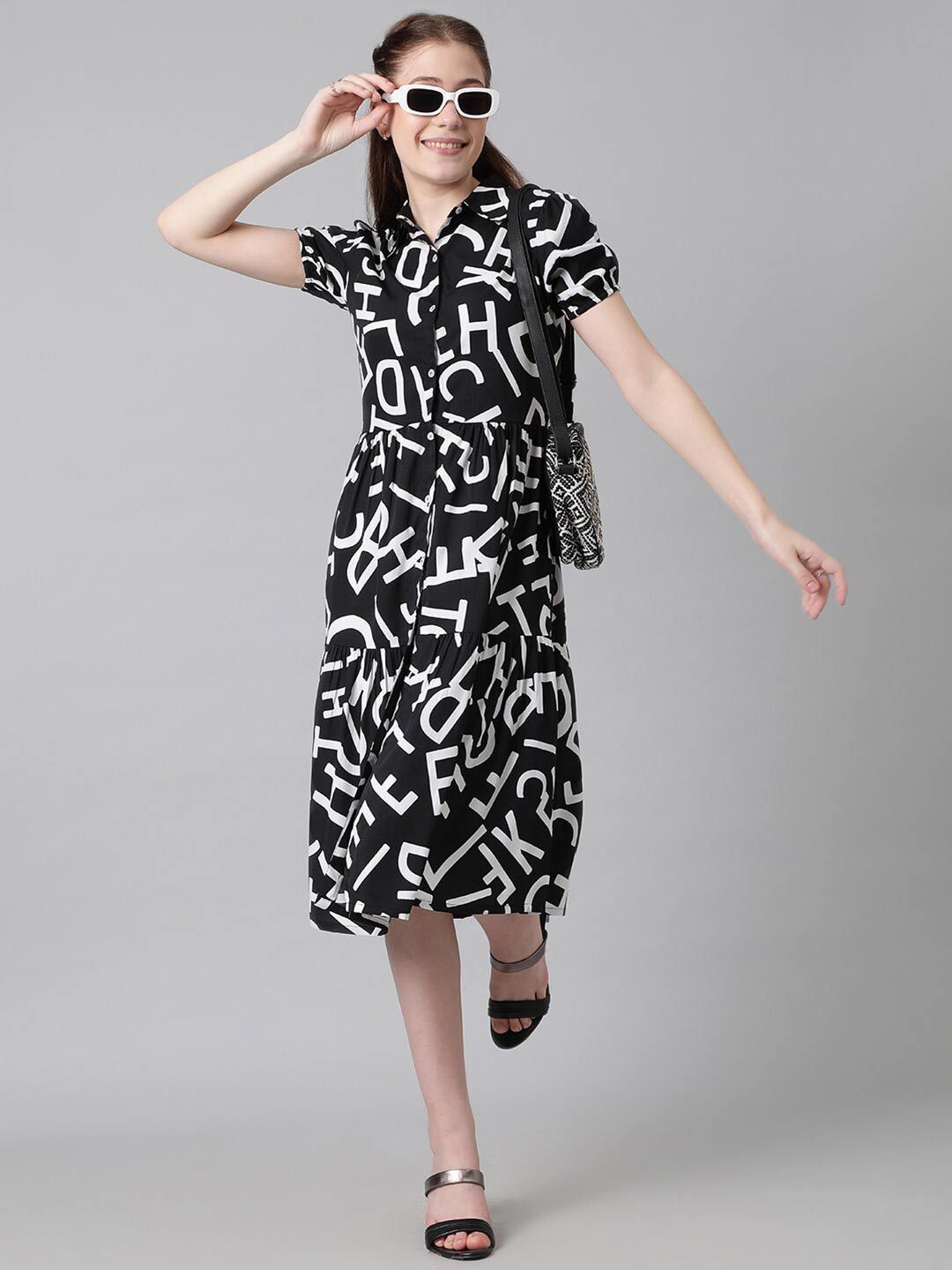 Kotty Black & White Typography Printed Shirt Style Midi Dress