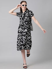 Kotty Black & White Typography Printed Shirt Style Midi Dress