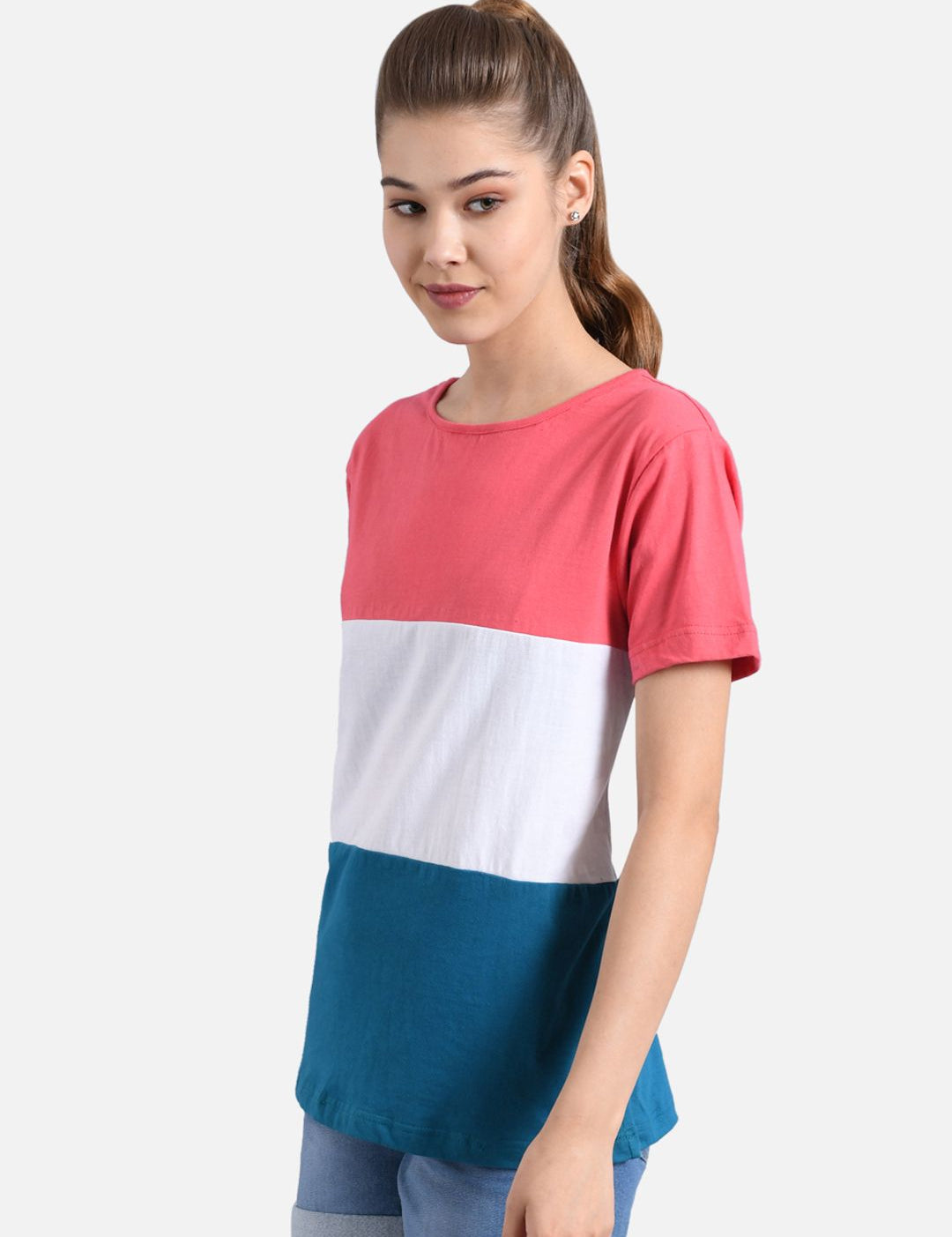 Kotty Women Pink & White Colourblocked Round Neck T-shirt