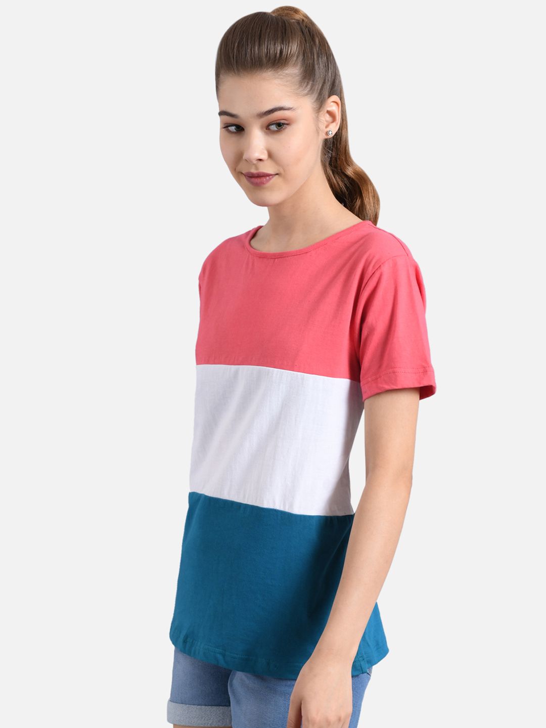 Kotty Women Pink & White Colourblocked Round Neck T-shirt
